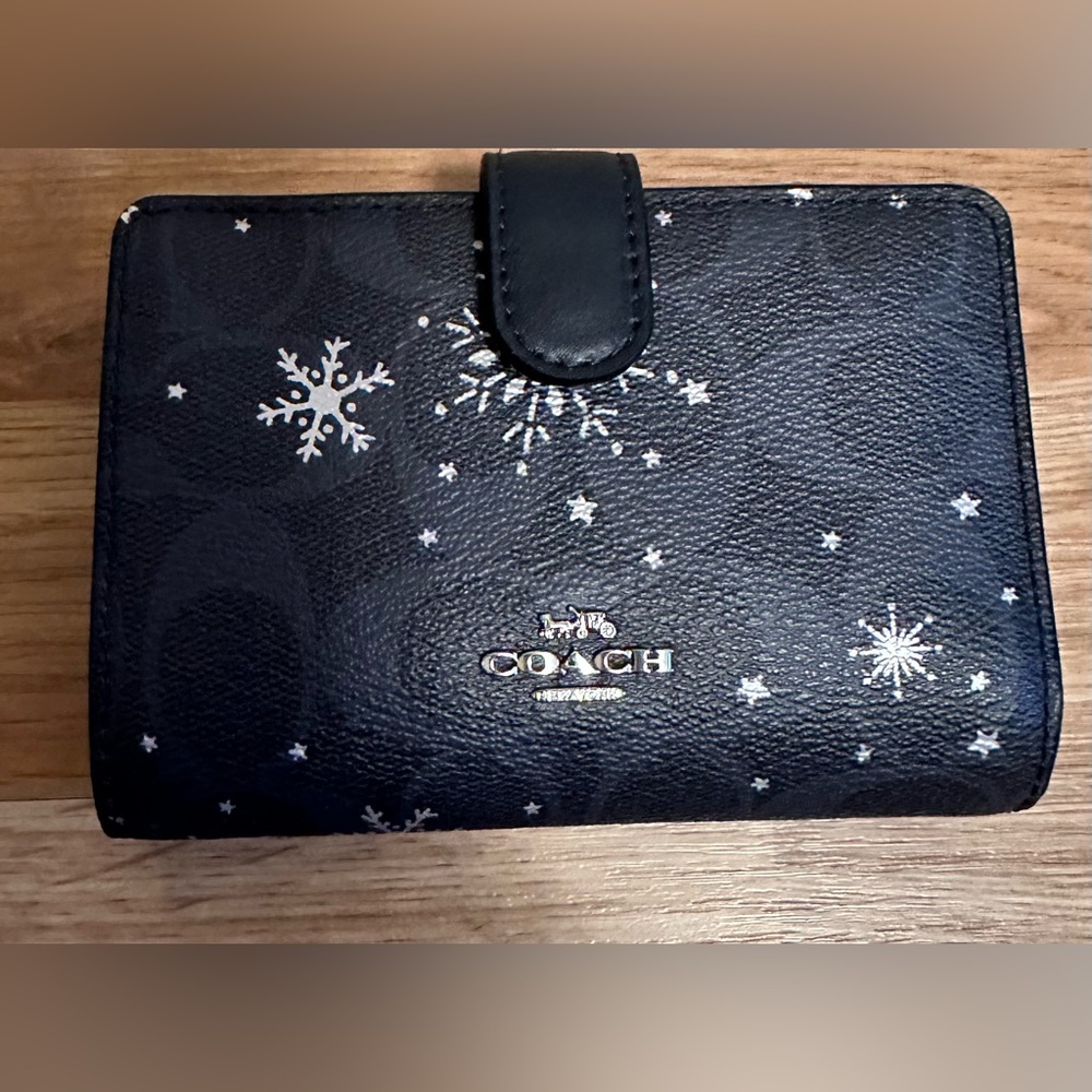 Authentic leather coach wallet, navy with winter detail.